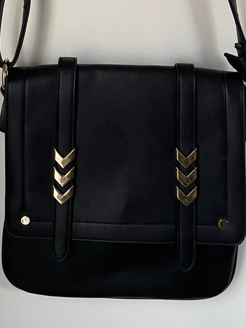 Black Faux Leather Crossbody Bag Gold Chevron Hardware Adjustable Strap